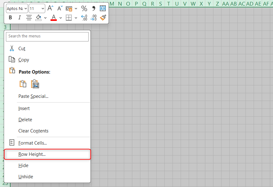 All cells in a blank Excel worksheet are selected, and Row Height is selected in the row right-click menu.