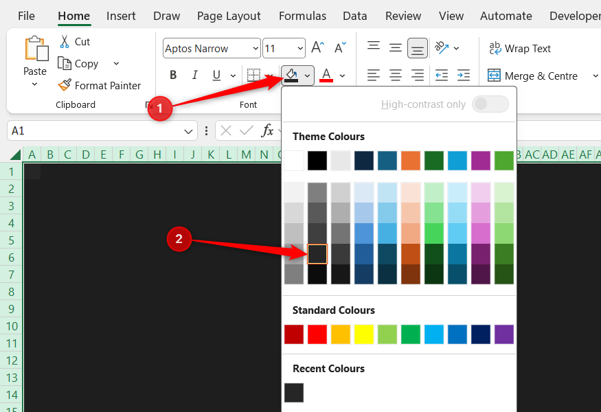 All cells in a blank Excel worksheet have a dark gray fill applied to them.