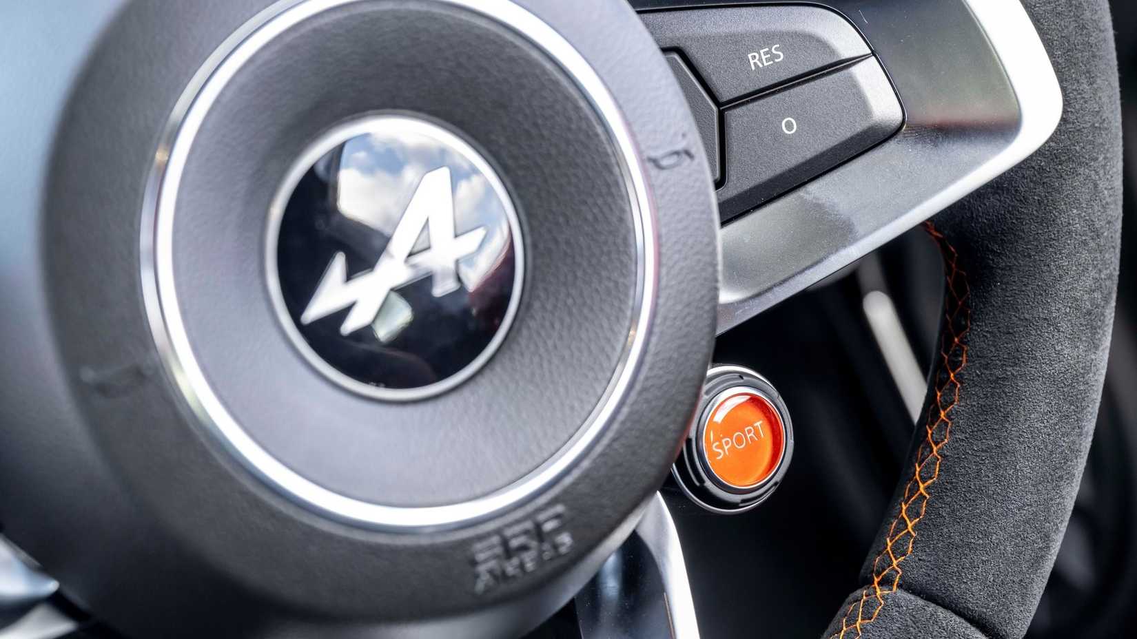 Close up of the steering wheel in a 2022 Alpine A110
