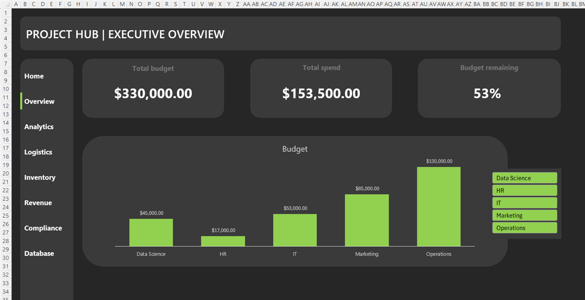 An app-like Excel worksheet with a column chart accompanied by a slicer.
