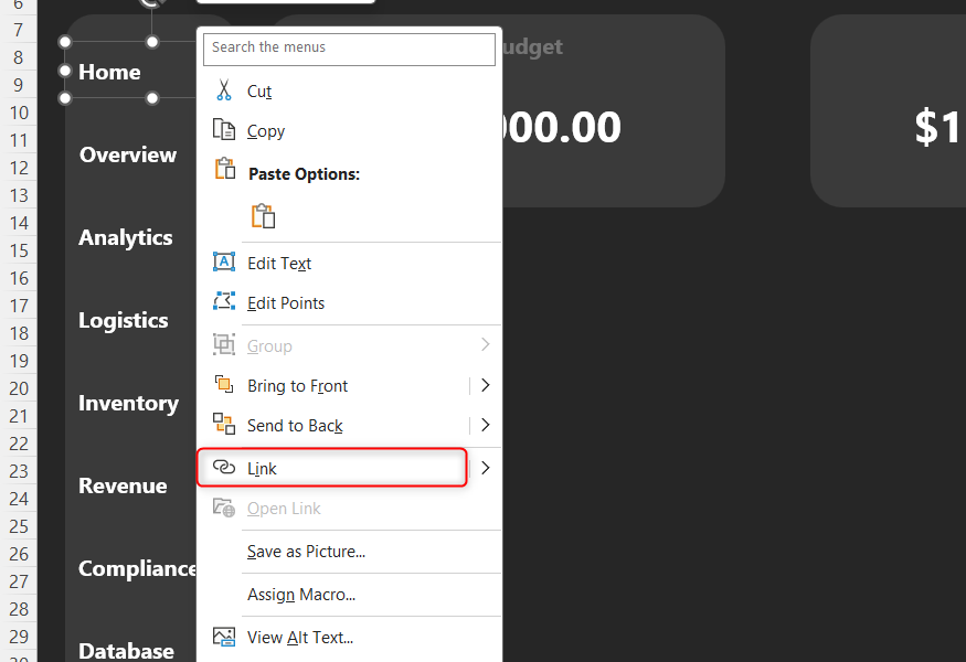 An Excel app-like interface, with the right-click menu of Home in the vertical navigation bar expanded and Link selected.