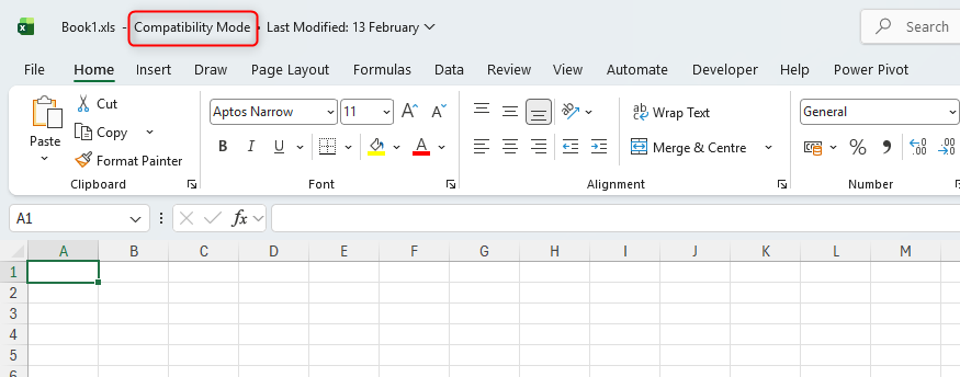 An Excel file open with Compatibility Mode in the title bar.