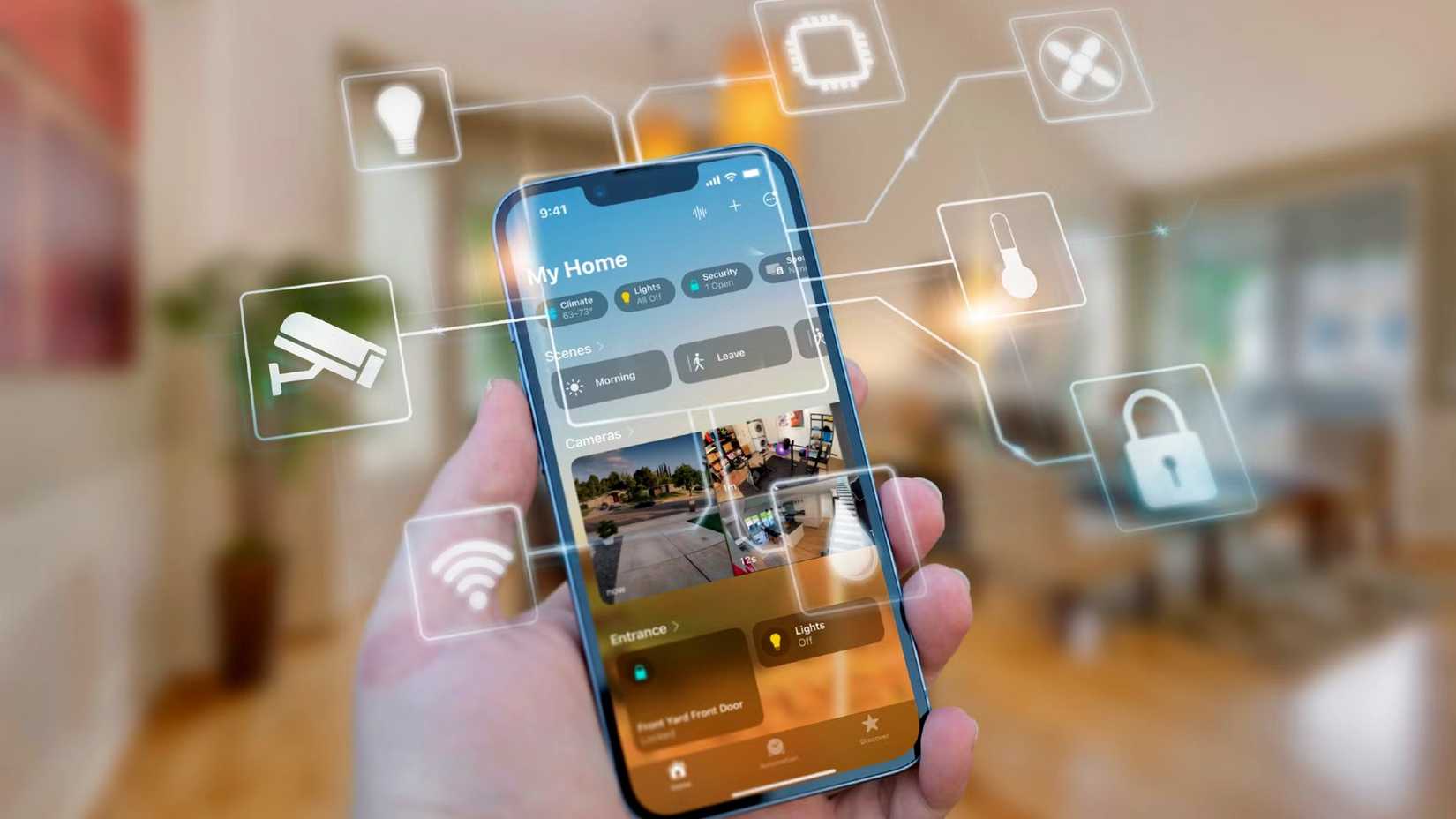 An iPhone showing some smart home scenes with some icons around.