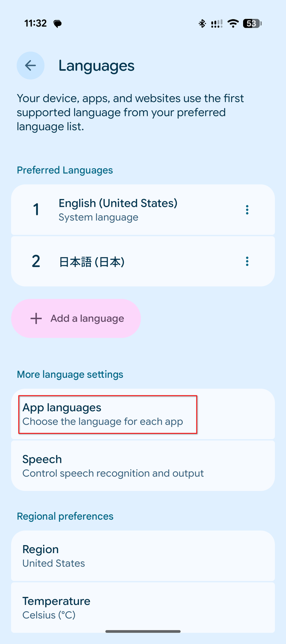 Android Languages settings with App languages option highlighted under More language settings.