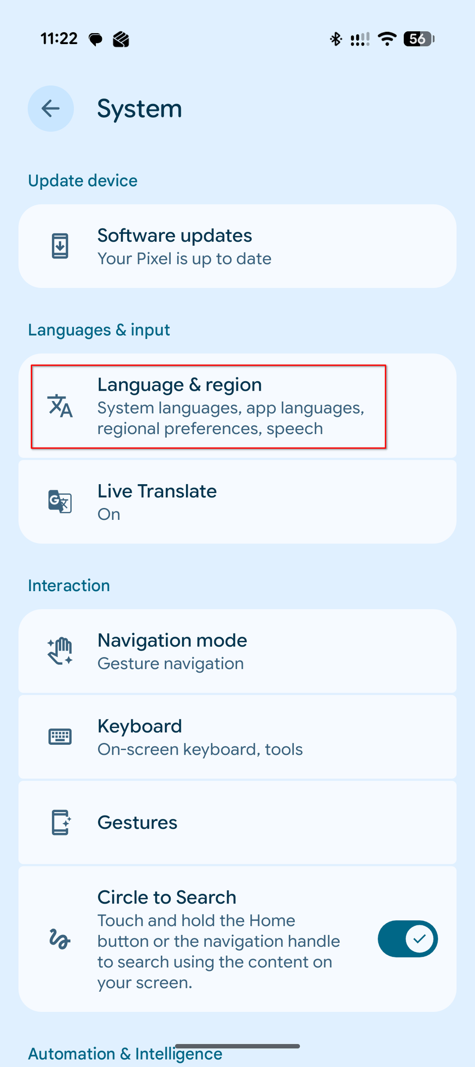 Android System settings with Language and region option highlighted.