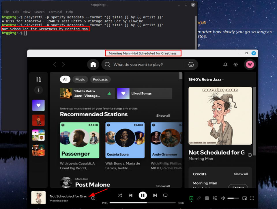 Еще один скриншот: как Playerctl выводит Spotify