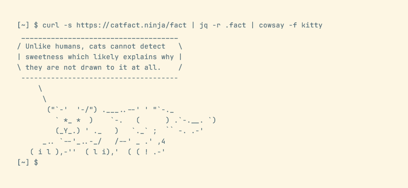 A cat fact piped to the cowsay program with the kitty format, showing an ASCII cartoon of a large cat quoting the fact.