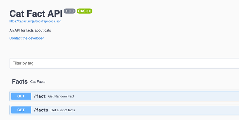 The catfact.ninja website shows output from the Swagger documentation tool, with two endpoints shown: /fact and /facts.