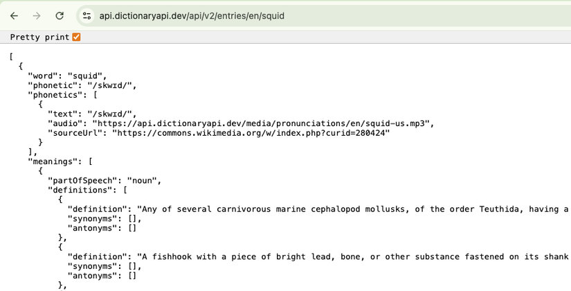 The Free Dictionary API website showing a response to a lookup for the word "squid," with phonetic details and meanings.