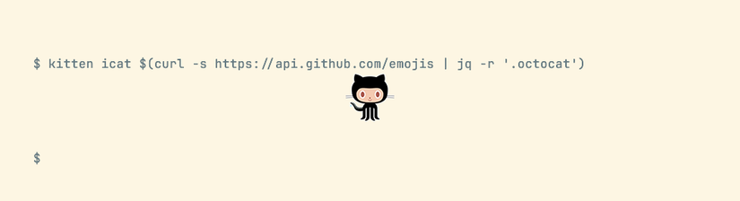Using the emojis endpoint from the GitHub API and kitty’s icat to show an octocat emoji in the terminal.