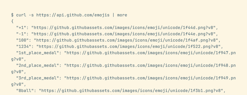 The GitHub API emoji endpoint returning a list of emoji names with corresponding image URLs.