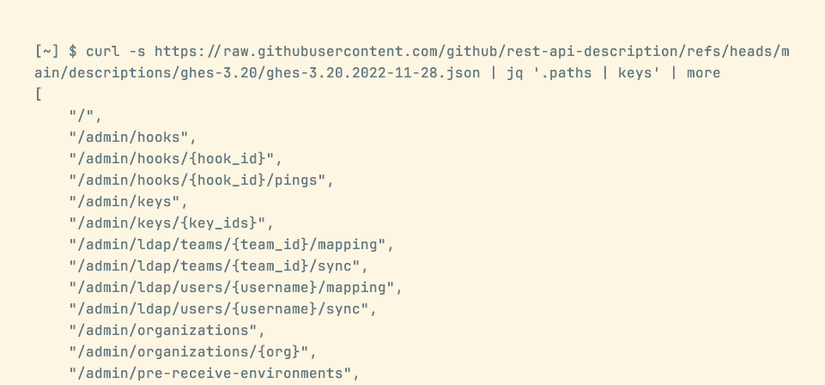A command line fetching and parsing a list of the GitHub API's endpoints to display them.