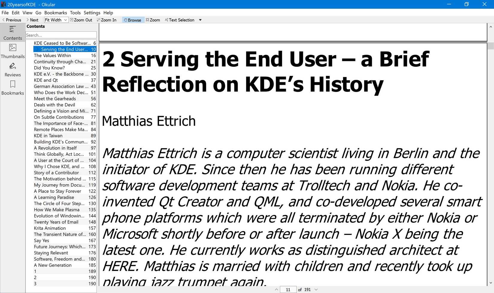 Okular loads a PDF with a clickable ToC.