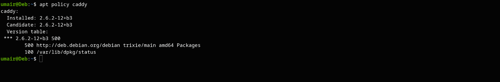 result of the apt Policy command for the caddy package on Debian