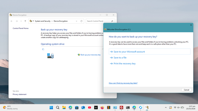 Backing up the BitLocker recovery key using the Control Panel.