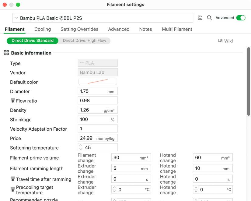 Bambu Studio filament settings.
