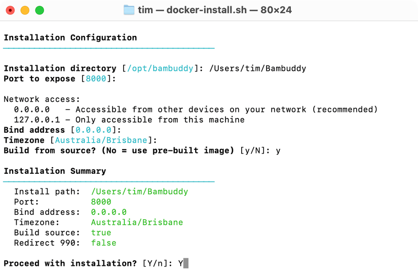Bambuddy installation script on macOS.