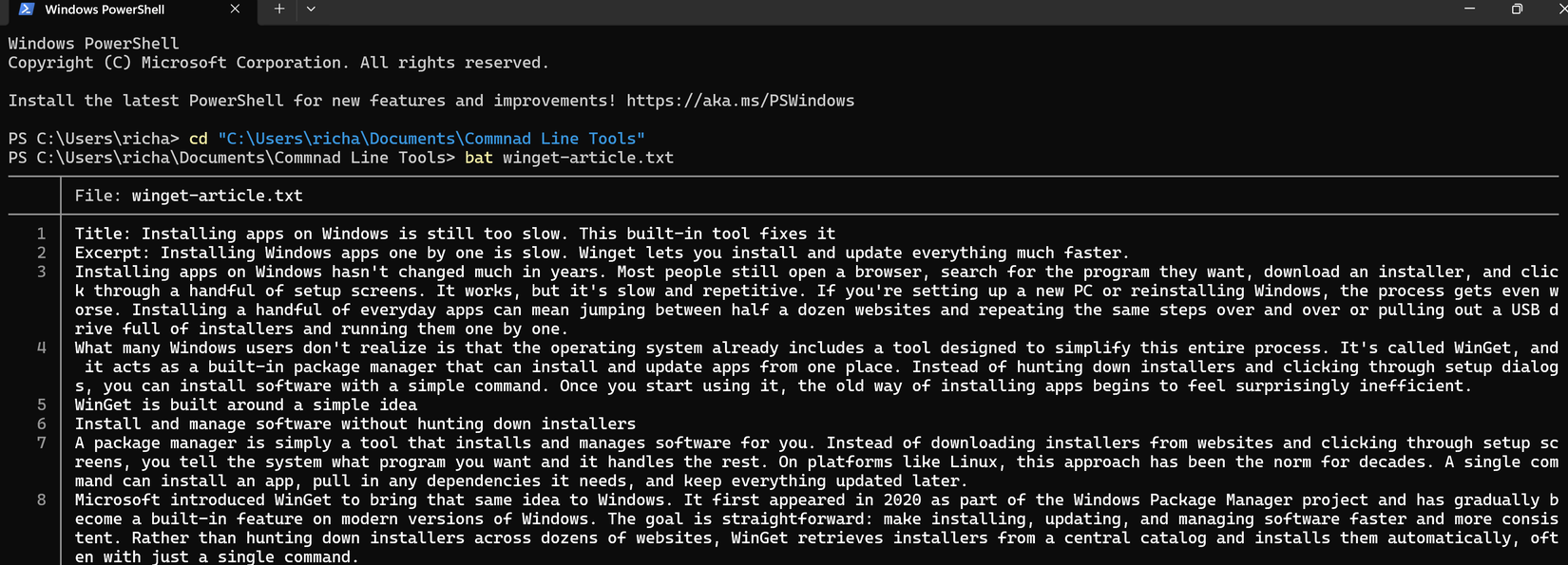 A screenshot of Windows Terminal in the process of viewing a TXT file using the Terminal app bat.