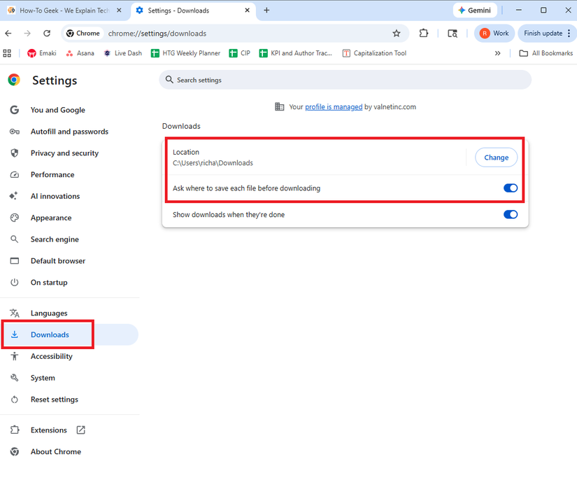 Скриншот настроек Google Chrome в разделе загрузок.