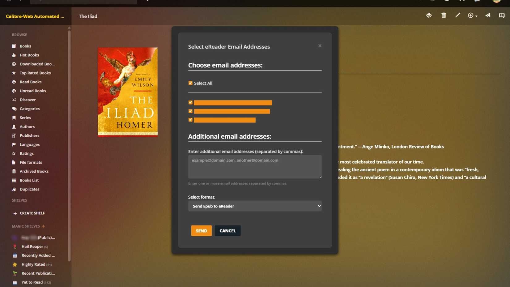 Calibrate the new sending to the ereader modal