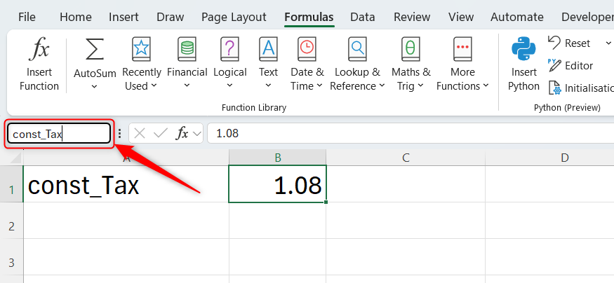 Cell B2, which contains 1.08, is being renamed const_Tax in the name box in Excel.