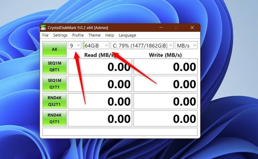 The test count set to 9 and size to 64GiB in CrystalDiskMark.