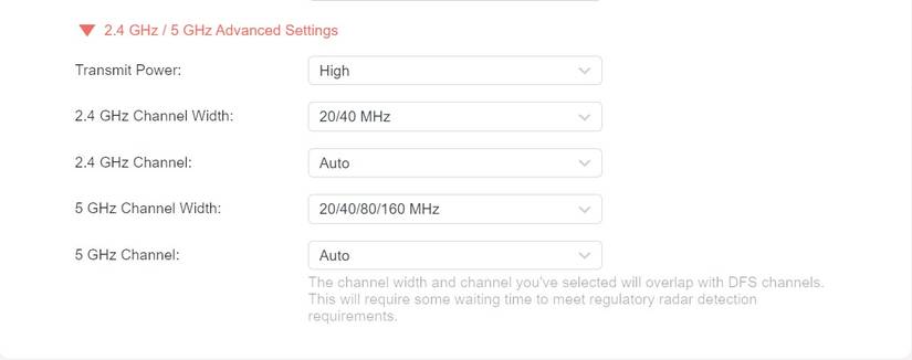 The 2.4 GHz and 5 GHz channels and width settings on a router.