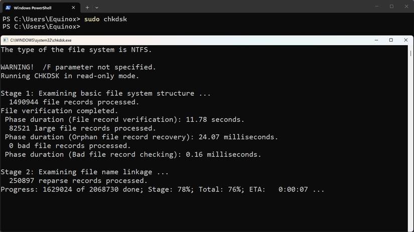The chkdsk output in PowerShell.