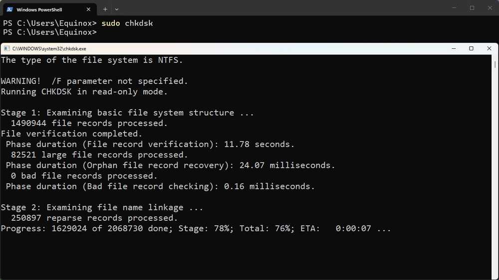 The chkdsk output showing disk scan results
