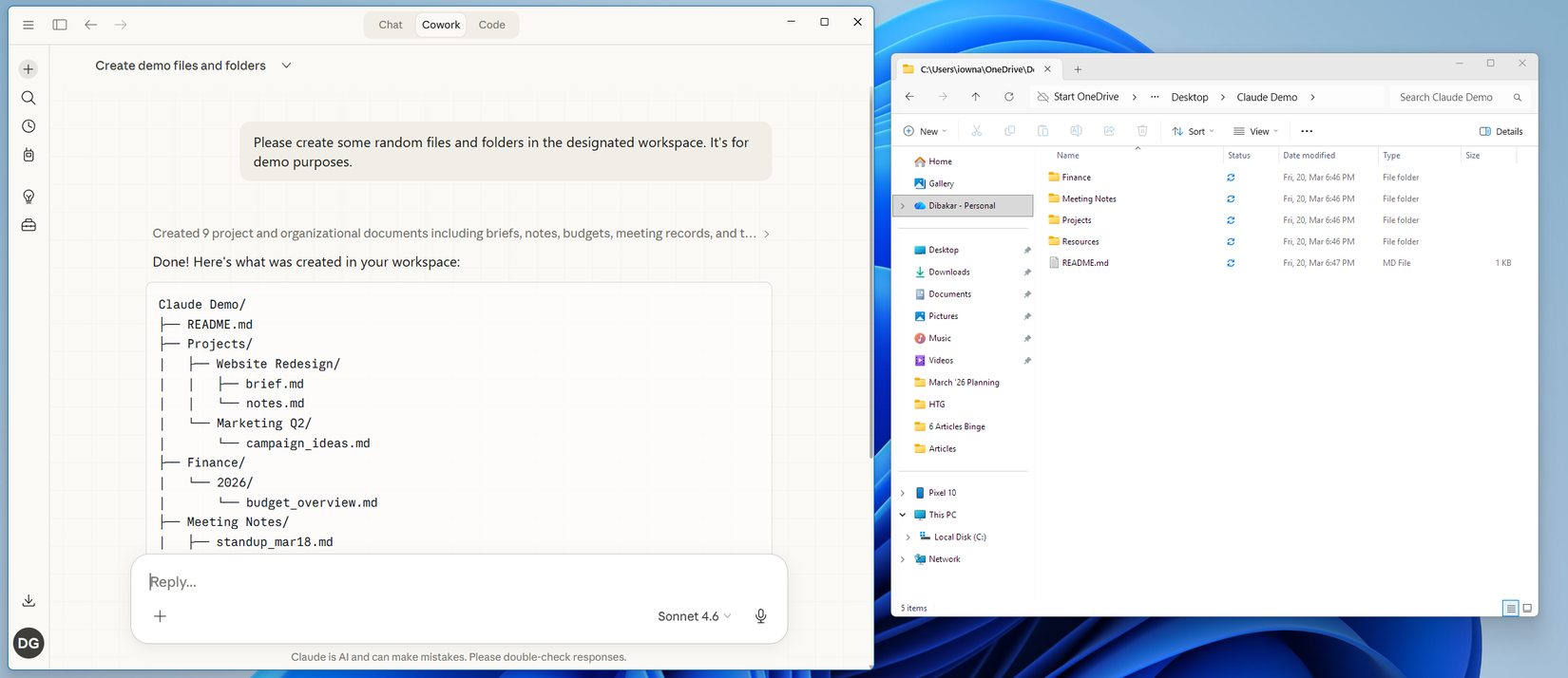 Claude Cowork creating files and folders in Windows workspace