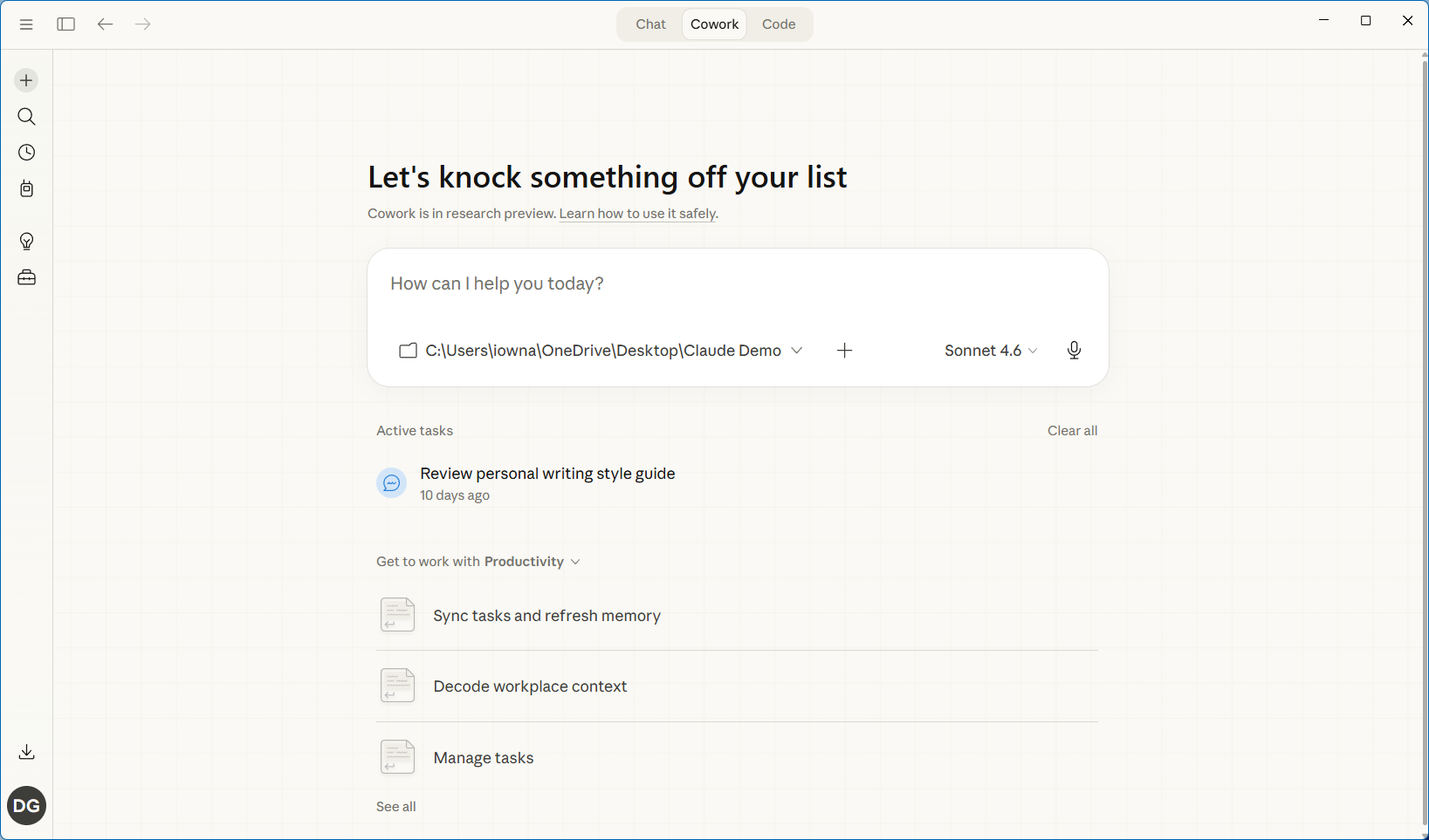 Claude Cowork home screen with Chat Cowork and Code tabs