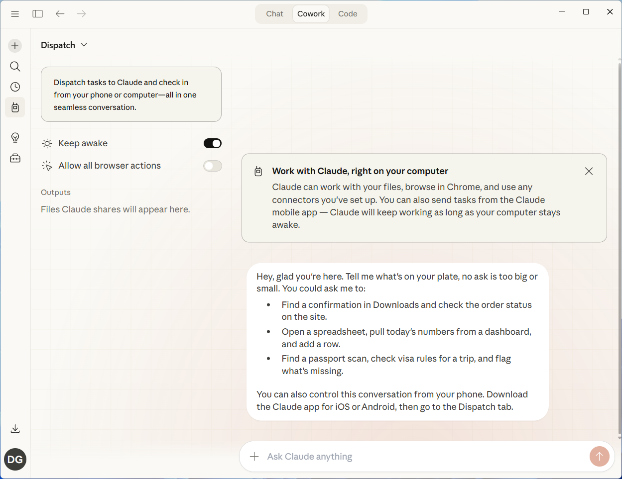 Claude Dispatch interface showing Cowork capabilities and example tasks