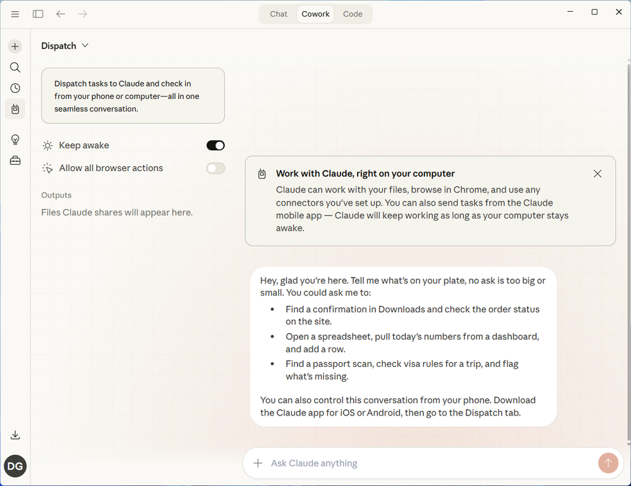 Claude Dispatch interface showing Cowork capabilities and example tasks