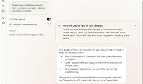 Claude Dispatch interface showing Cowork capabilities and example tasks