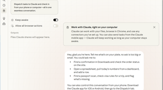 Claude Dispatch interface showing Cowork capabilities and example tasks