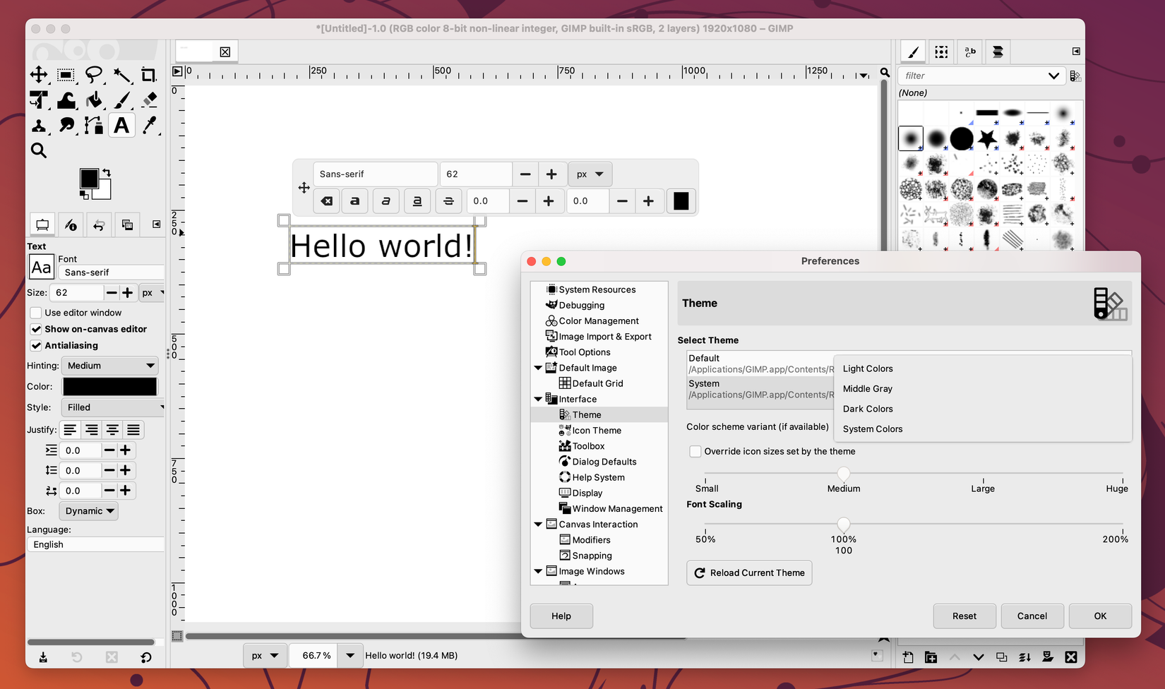 GIMP 3.2 screenshot with theme options and new text editor