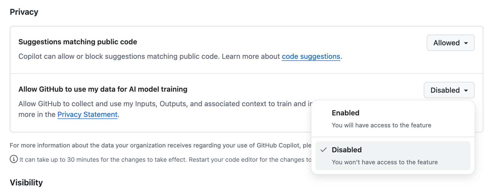 Opt out of Copilot data collection on GitHub
