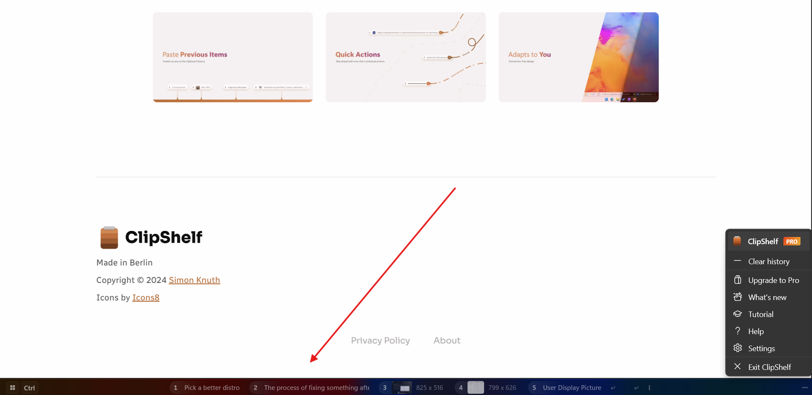 La barra de ClipShelf pegada en la parte inferior de la pantalla con el historial de elementos copiados.