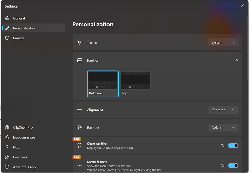 Pantalla de configuración de ClipShelf que ofrece diferentes tipos de personalizaciones.