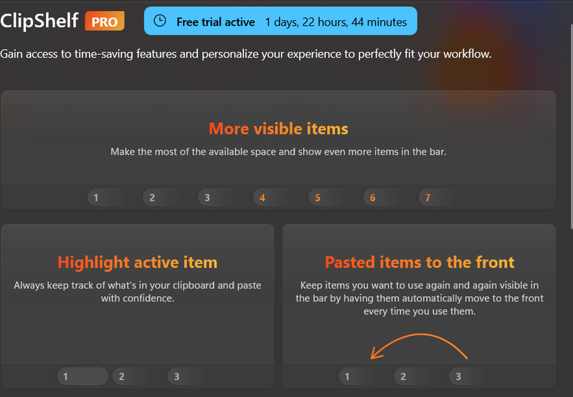Actualización de ClipShelf a la pantalla Pro que resalta las funciones que obtendrá.