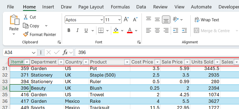 Excelテーブルでスクロール時に表示されるヘッダー