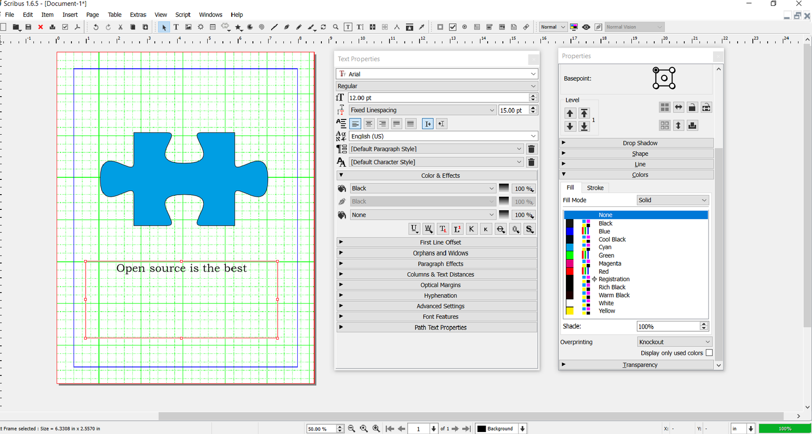A blue puzzle piece against a white background with a text box beneath it in scribus