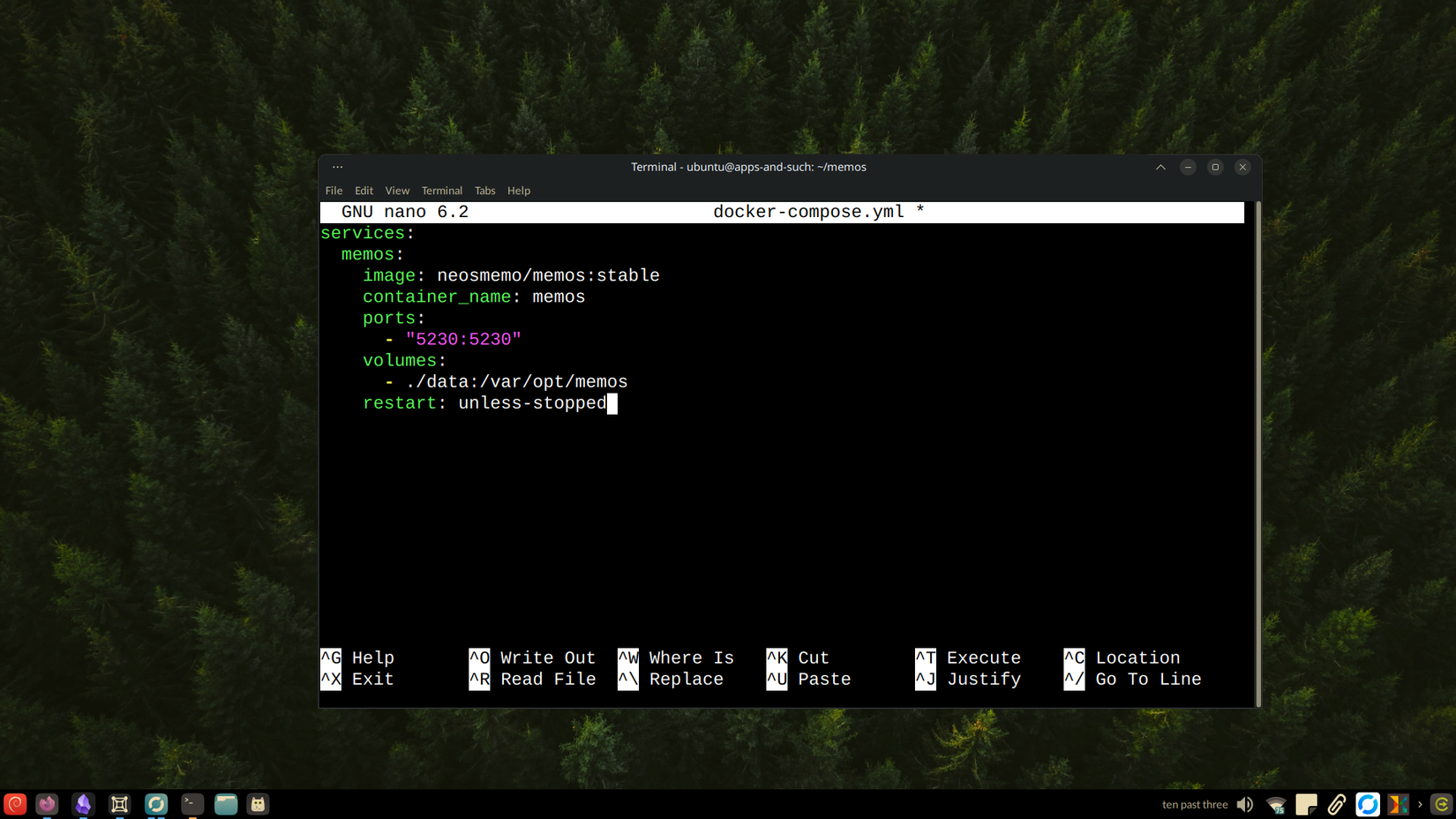 Creating a docker compose file using nano.
