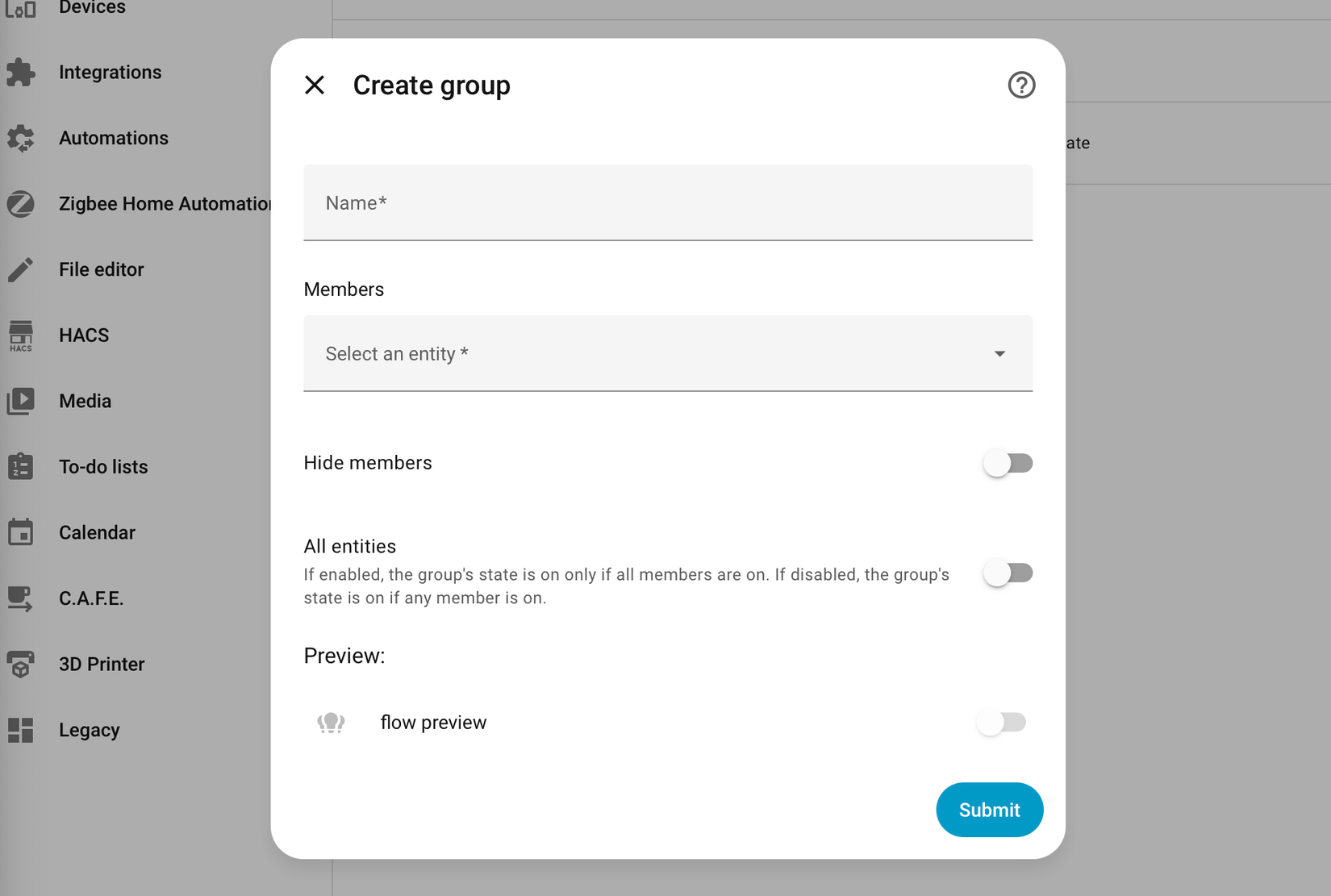 Creating a group of devices in Home Assistant.