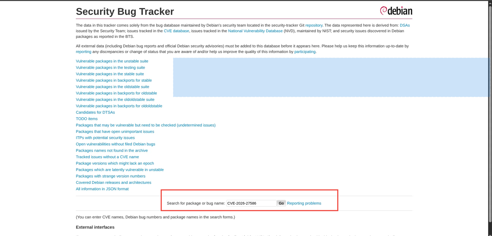Debian security bug tracker
