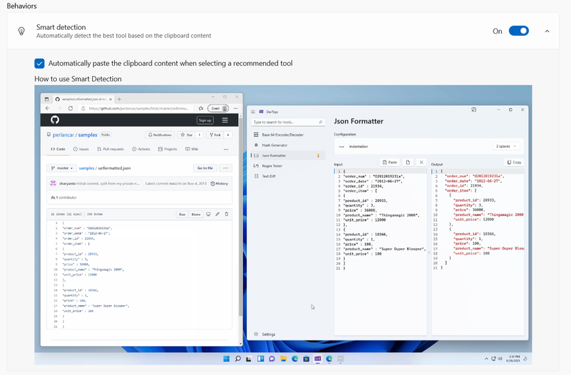 With DevToys' auto-paste feature, the smart clipboard setting is enabled.