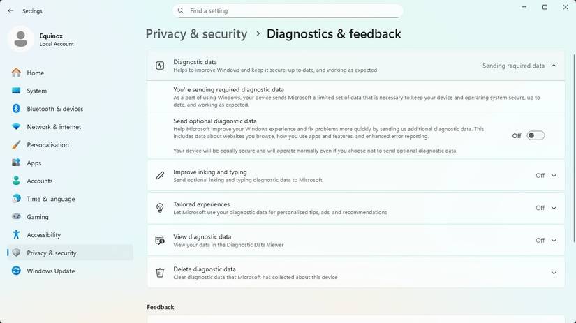 The diagnostics and feedback page in the Settings app. 