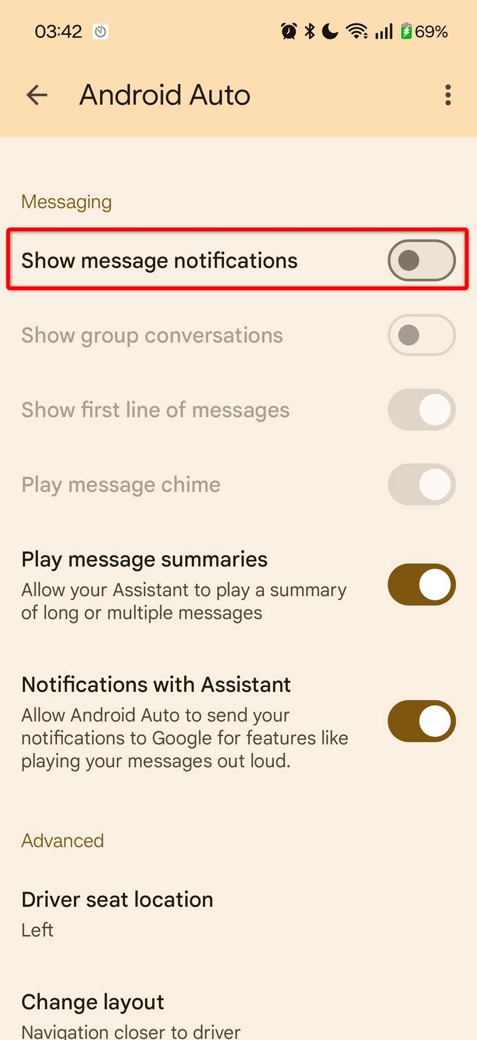 Disabling message notifications in Android Auto.