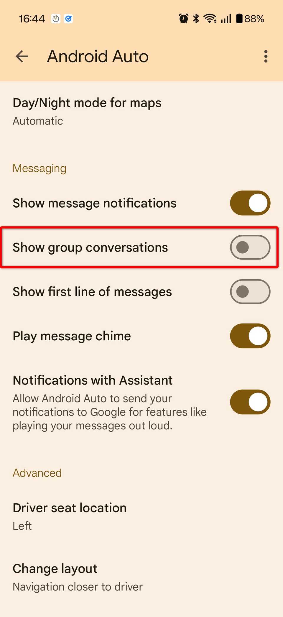 Disabling Show group notifications in Android Auto.