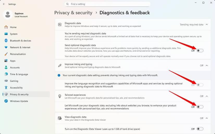 Windows 11の診断とフィードバック設定画面